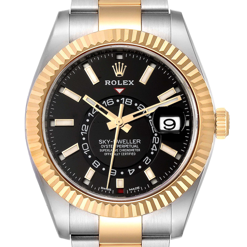 Sky Dweller 42mm Yellow Gold Steel Black Dial Mens Watch 326933