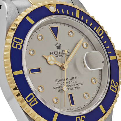 Submariner 40mm Stainless Steel Yellow Gold Serti Slate Diamond Sapphire Silver Dial 16613
