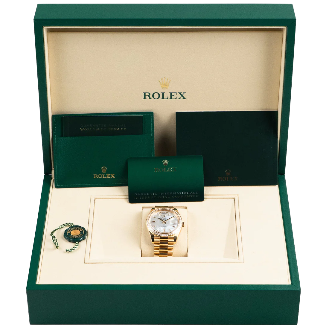 Day-Date 40 228398TBR Yellow Gold Mother of Pearl Diamond Baguette Dial and Bezel