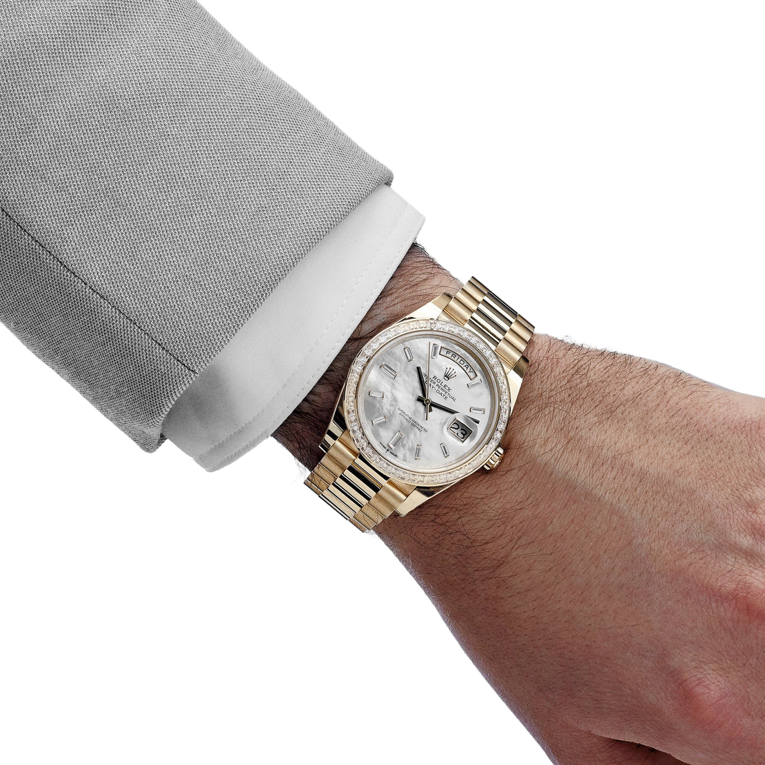 Day-Date 40 228398TBR Yellow Gold Mother of Pearl Diamond Baguette Dial and Bezel