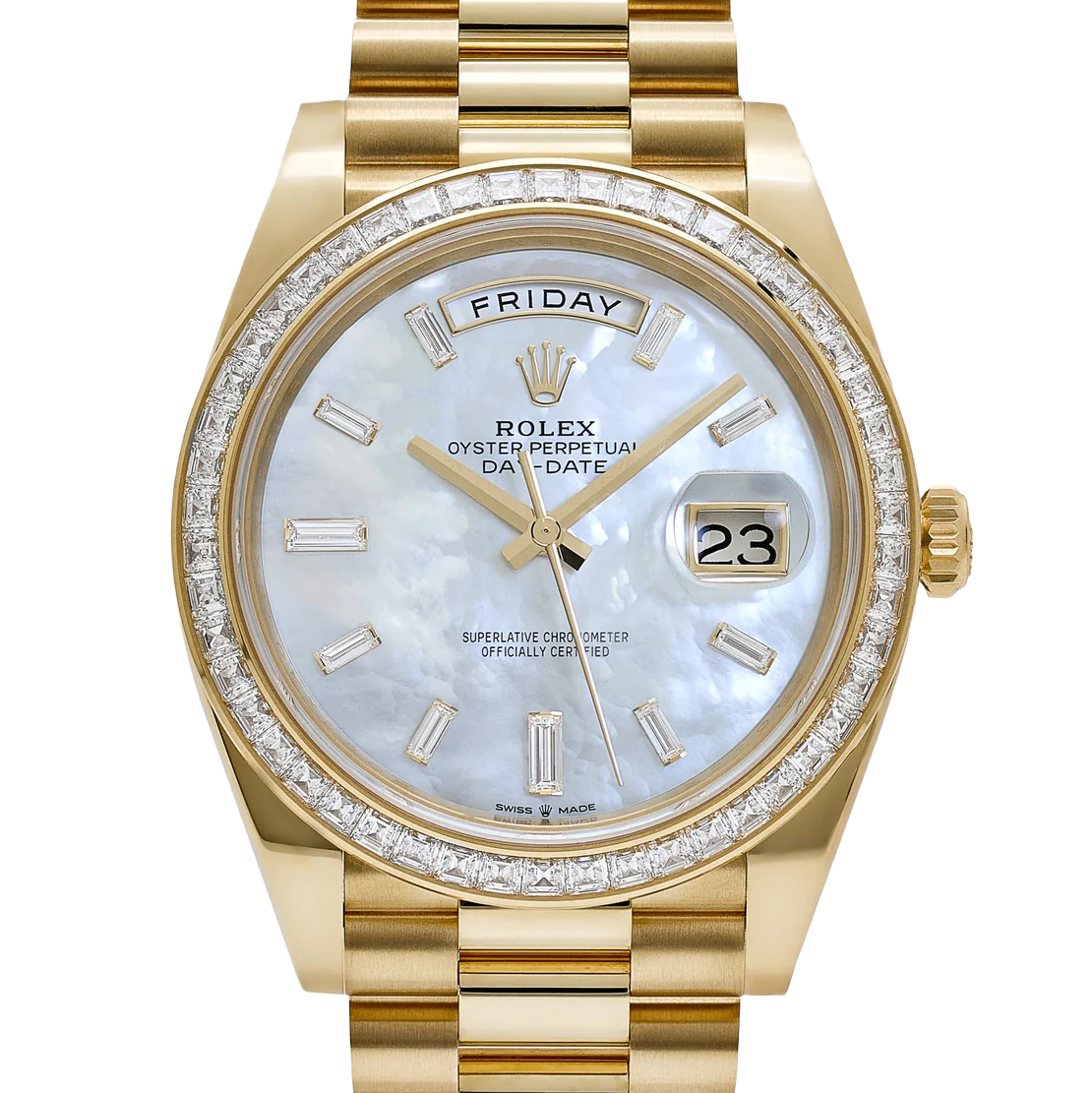 Day-Date 40 228398TBR Yellow Gold Mother of Pearl Diamond Baguette Dial and Bezel