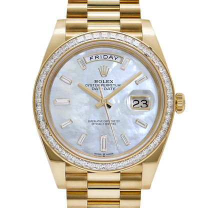 Day-Date 40 228398TBR Yellow Gold Mother of Pearl Diamond Baguette Dial and Bezel