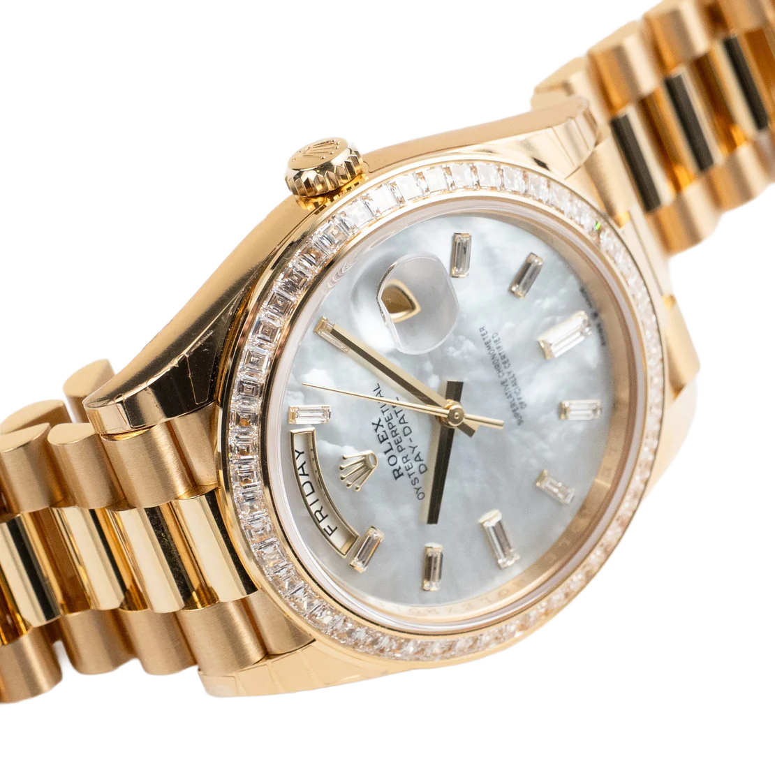 Day-Date 40 228398TBR Yellow Gold Mother of Pearl Diamond Baguette Dial and Bezel