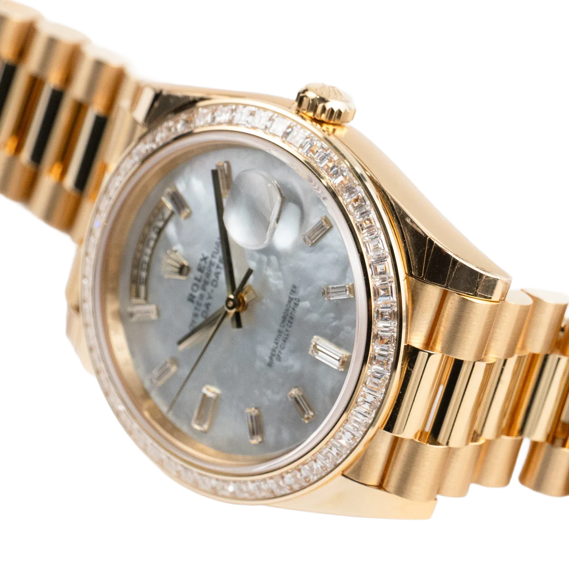 Day-Date 40 228398TBR Yellow Gold Mother of Pearl Diamond Baguette Dial and Bezel