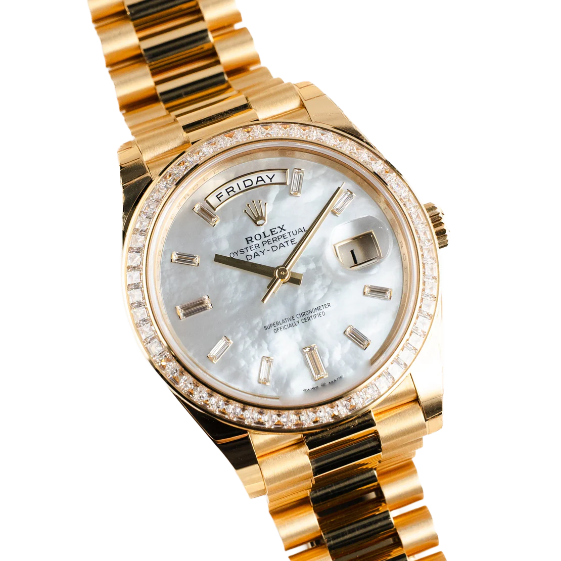 Day-Date 40 228398TBR Yellow Gold Mother of Pearl Diamond Baguette Dial and Bezel