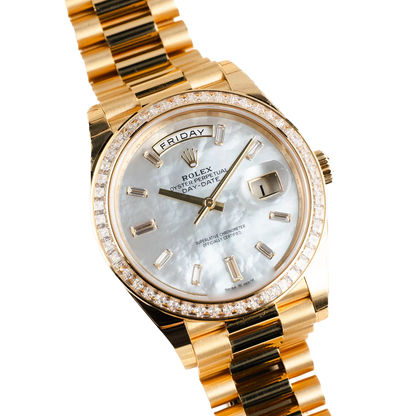 Day-Date 40 228398TBR Yellow Gold Mother of Pearl Diamond Baguette Dial and Bezel