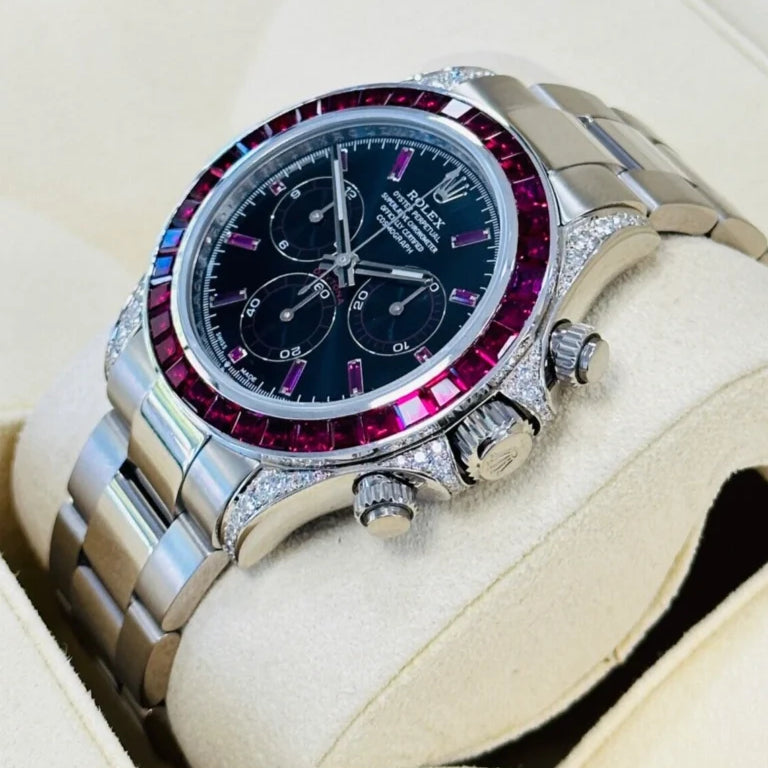 Daytona 126599TRU White Gold Diamond Black Dial Ruby Bezel