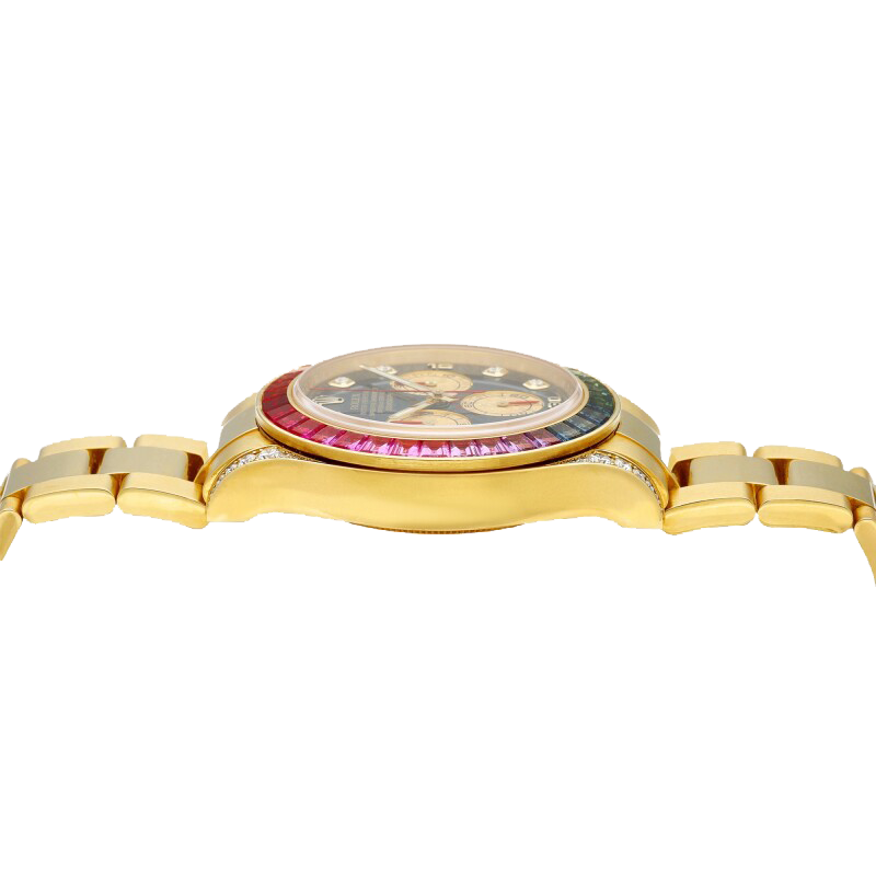 Daytona 116598RBOW Rainbow Yellow Gold Black Diamond Dial Sapphire Bezel