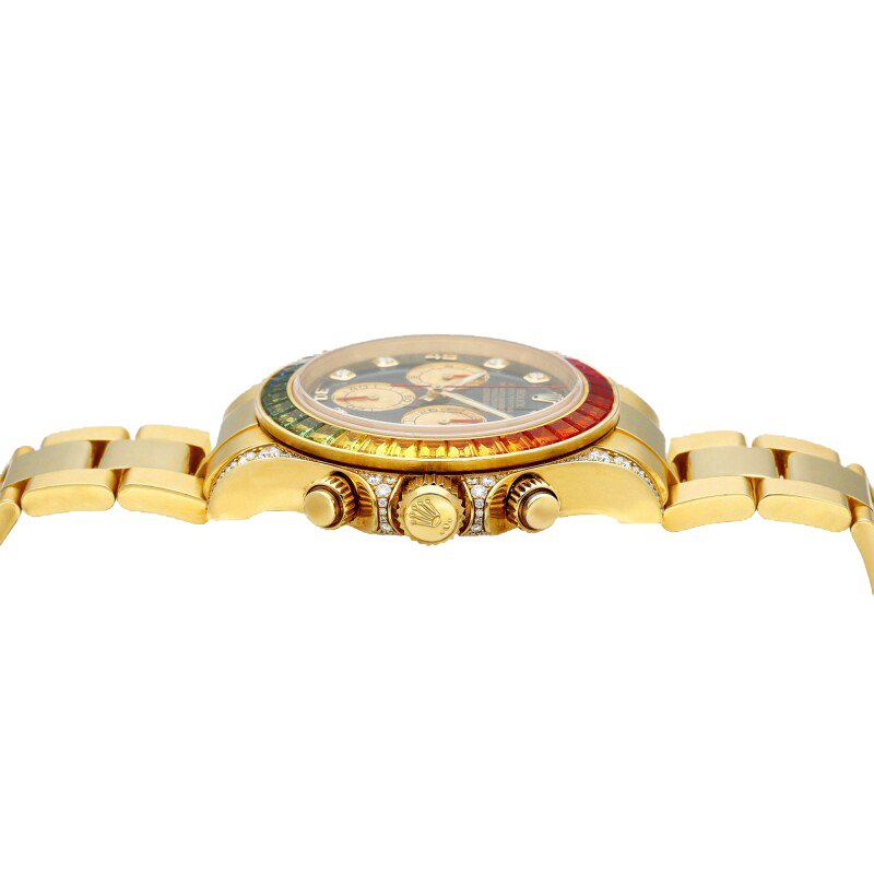 Daytona 116598RBOW Rainbow Yellow Gold Black Diamond Dial Sapphire Bezel