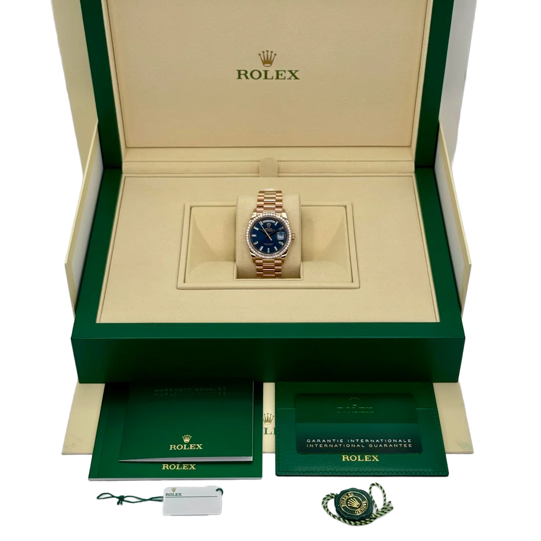 Day-Date 36mm 128345RBR Rose Gold Diamond Bezel Blue-Green Baguette Marker Dial