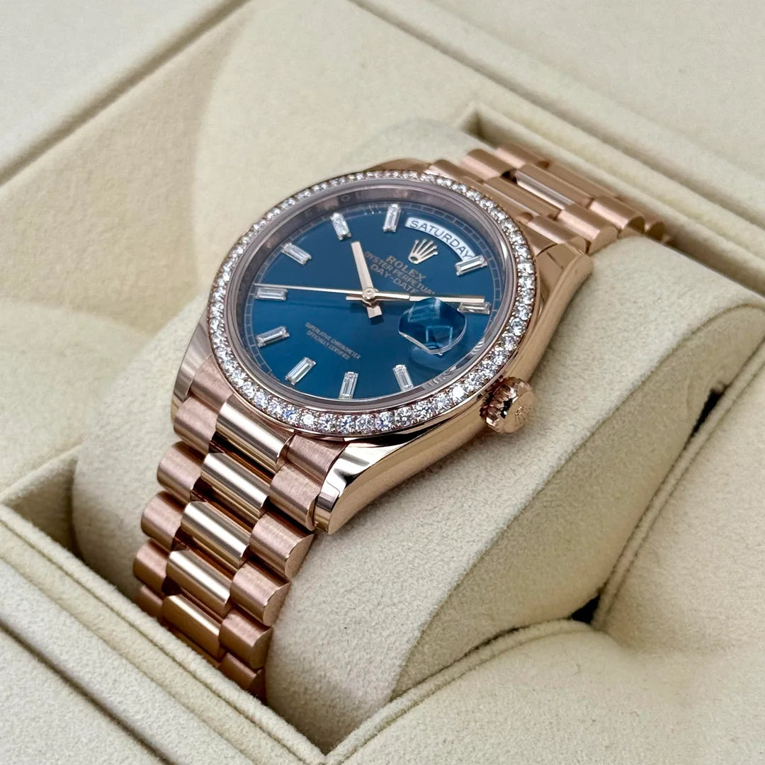 Day-Date 36mm 128345RBR Rose Gold Diamond Bezel Blue-Green Baguette Marker Dial