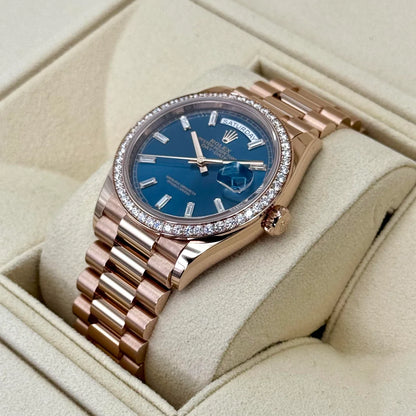 Day-Date 36mm 128345RBR Rose Gold Diamond Bezel Blue-Green Baguette Marker Dial