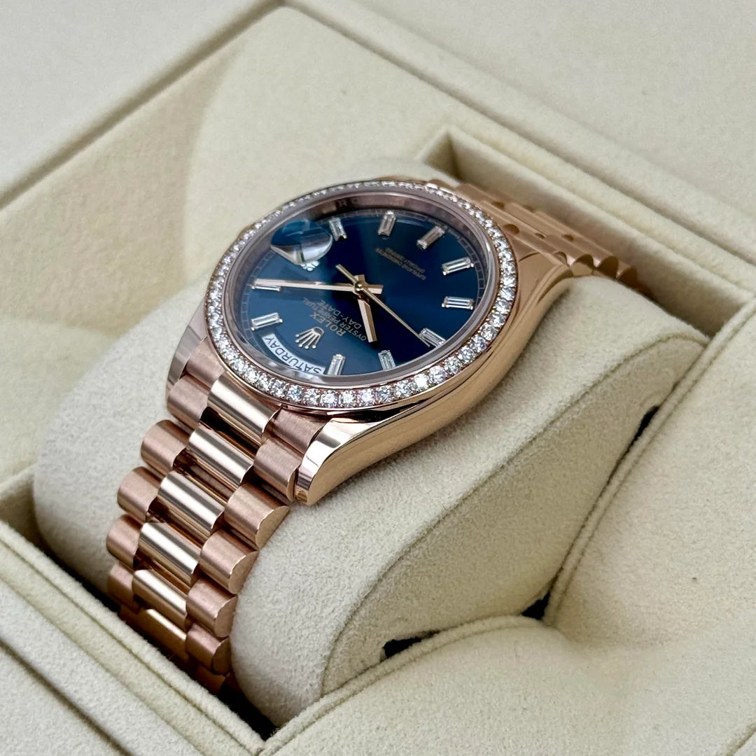 Day-Date 36mm 128345RBR Rose Gold Diamond Bezel Blue-Green Baguette Marker Dial