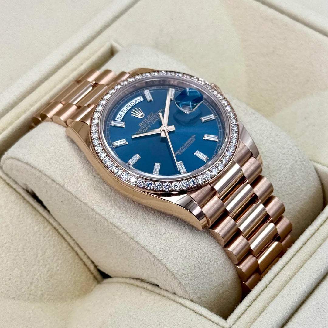 Day-Date 36mm 128345RBR Rose Gold Diamond Bezel Blue-Green Baguette Marker Dial
