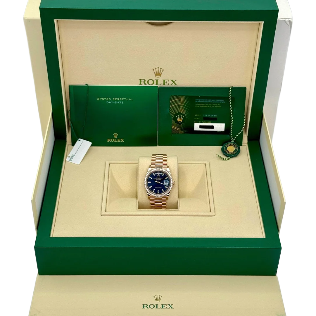 Day-Date 36mm 128345RBR Rose Gold Diamond Bezel Blue-Green Baguette Marker Dial