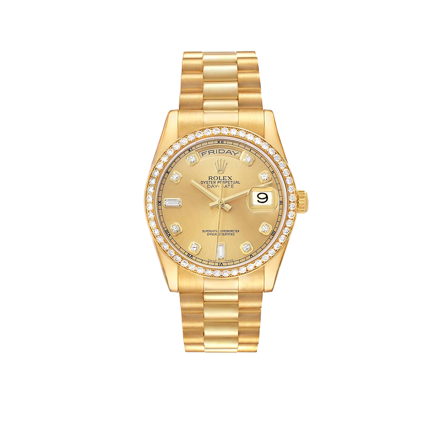 President Day-Date 36mm Yellow Gold Diamond Bezel Mens Watch 118348
