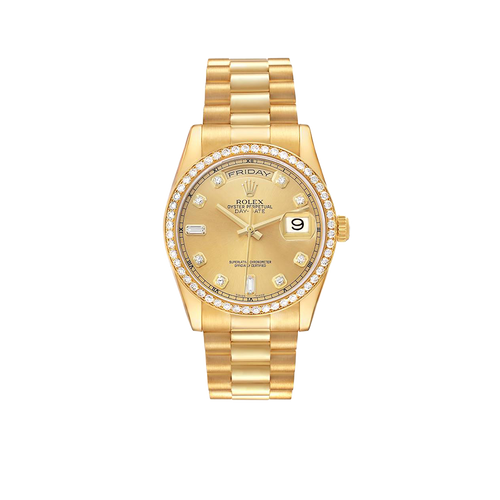 President Day-Date 36mm Yellow Gold Diamond Bezel Mens Watch 118348