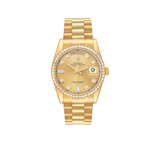 President Day-Date 36mm Yellow Gold Diamond Bezel Mens Watch 118348